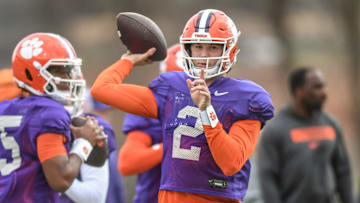Clemson quarterback Cade Klubnik (2) passes during the football practice at the Allen N. Reeves Football Complex at Clemson University in Clemson, S.C. Wednesday, March 5, 2025.
