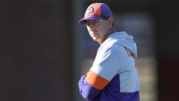 Clemson head coach Dabo Swinney watches during the football practice at the Allen N. Reeves Football Complex at Clemson University in Clemson, S.C. Monday, March 3, 2025.