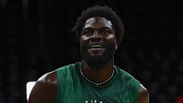 Apr 23, 2025; Boston, Massachusetts, USA; Boston Celtics center Neemias Queta (88) smiles before their game 2 against the Orlando Magic in the first round of the 2024 NBA Playoffs at TD Garden. Mandatory Credit: Winslow Townson-Imagn Images