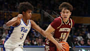 Mar 8, 2025; Pittsburgh, Pennsylvania, USA;   Boston College Eagles guard Luka Toews (10) handles the ball  against Pittsburgh Panthers guard Brandin Cummings (3) during the first half at the Petersen Events Center. Mandatory Credit: Charles LeClaire-Imagn Images