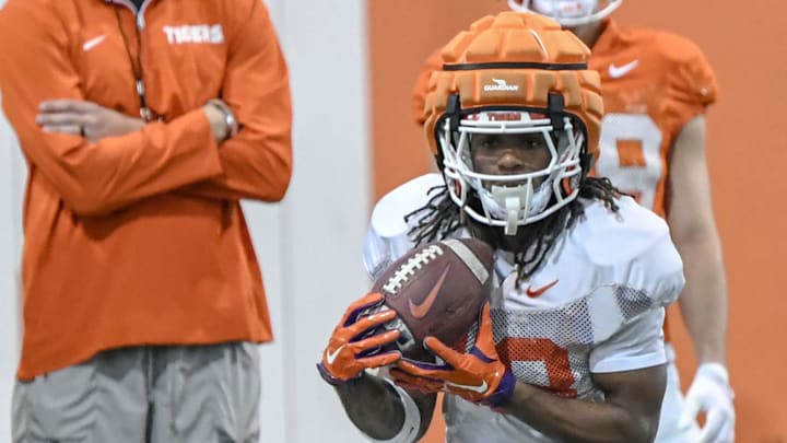 Clemson wide receiver Misun Kelley (18) returns a kickoff during the football practice at the Allen N. Reeves Football Complex at Clemson University in Clemson, S.C. Monday, March 3, 2025.