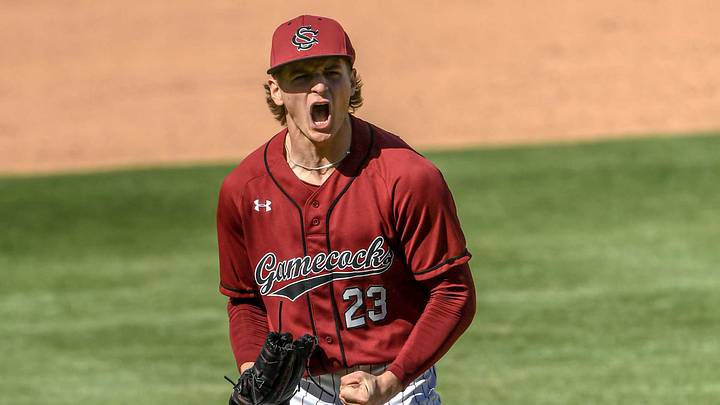 South Carolina sophomore Jake McCoy (23) reacts after striking out Clemson sophomore Collin Priest (99) during the top of the fourth inning of the Reedy River Rivalry at Fluor Field in Greenville, S.C. Saturday, March 1, 2025.