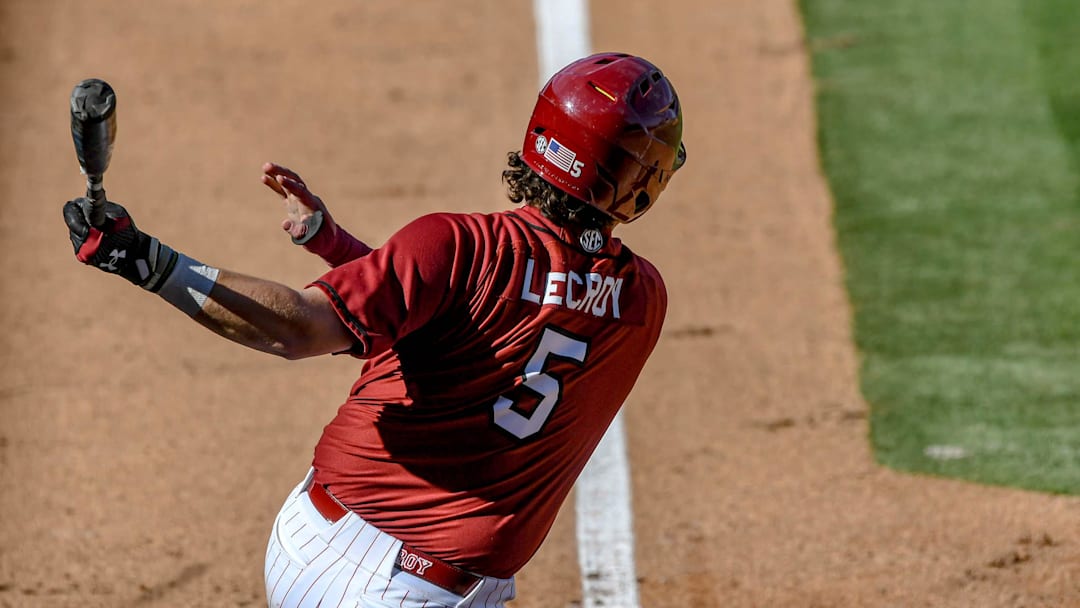 Mar 1, 2025; Greenville, South Carolina, USA; South Carolina Gamecocks Talmadge LeCroy (5) bats against the Clemson Tigers during the bottom of the sixth inning at Fluor Field. Mandatory Credit: Ken Ruinard/USA Today Network via Imagn Images