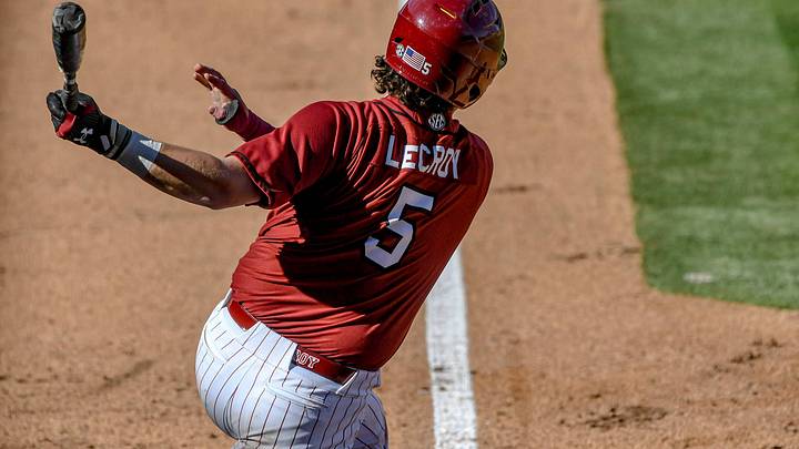 Mar 1, 2025; Greenville, South Carolina, USA; South Carolina Gamecocks Talmadge LeCroy (5) bats against the Clemson Tigers during the bottom of the sixth inning at Fluor Field. Mandatory Credit: Ken Ruinard/USA Today Network via Imagn Images