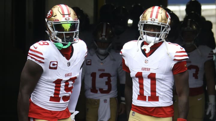 Sep 10, 2023; Pittsburgh, Pennsylvania, USA;  San Francisco 49ers wide receivers Deebo Samuel (19) and Brandon Aiyuk (11) take the field against the Pittsburgh Steelers at Acrisure Stadium. Mandatory Credit: Charles LeClaire-USA TODAY Sports