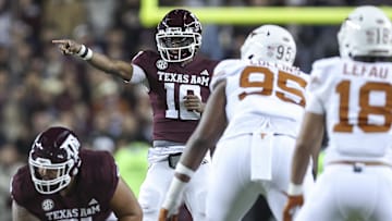 Texas A&M Aggies quarterback Marcel Reed (10) signals at the line of scrimmage during the first quarter against the Texas Longhorns at Kyle Field.