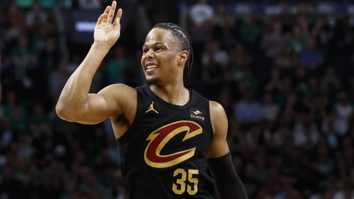 May 7, 2024; Boston, Massachusetts, USA; Cleveland Cavaliers forward Isaac Okoro (35) grimaces after missing a shot against the Boston Celtics during the second quarter of game one of the second round of the 2024 NBA playoffs at TD Garden. Mandatory Credit: Winslow Townson-USA TODAY Sports