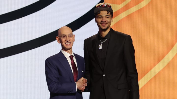 Kel'el Ware with NBA commissioner Adam Silver after being selected in the first round by the Miami Heat in the 2024 NBA Draft.