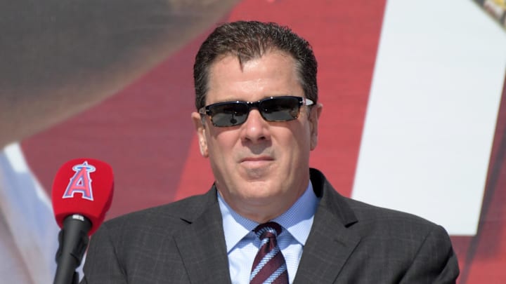 Mar 24, 2019; Anaheim, CA, USA; Los Angeles Angels president John Carpino at a press conference to announce a 12 year contract extension for center fielder Mike Trout (not pictured) at Angel Stadium of Anaheim. Mandatory Credit: Kirby Lee-Imagn Images