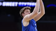 Mar 26, 2025; Newark, NJ, USA; Duke Blue Devils guard Kon Knueppel (7) during a practice session in preparation for an East Regional semifinal game against the Arizona Wildcats at Prudential Center. Mandatory Credit: Vincent Carchietta-Imagn Images