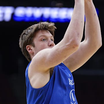 Mar 26, 2025; Newark, NJ, USA; Duke Blue Devils guard Kon Knueppel (7) during a practice session in preparation for an East Regional semifinal game against the Arizona Wildcats at Prudential Center. Mandatory Credit: Vincent Carchietta-Imagn Images