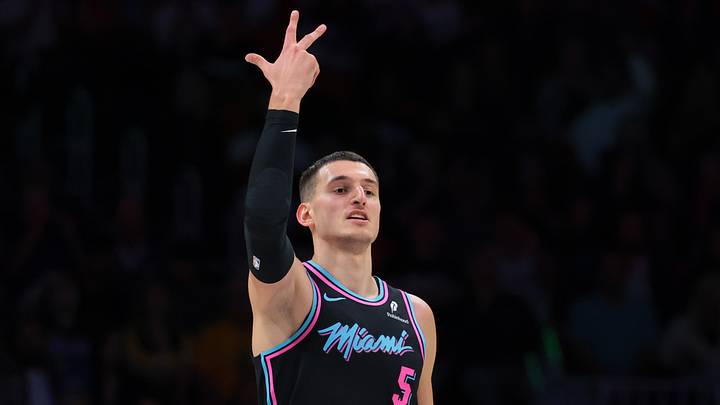 Miami Heat forward Nikola Jovic (5) reacts (Mandatory Credit: Sam Navarro-Imagn Images)