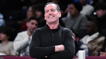 Feb 20, 2025; Brooklyn, New York, USA; Cleveland Cavaliers head coach Kenny Atkinson during the first half against the Brooklyn Nets at Barclays Center. Mandatory Credit: John Jones-Imagn Images