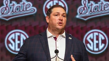 Mississippi State Bulldogs head coach Jeff Lebby talks to the media during the SEC Media Days at Omni Atlanta Hotel. 