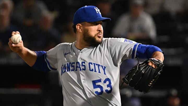 Apr 30, 2025; St. Petersburg, Florida, USA; Kansas City Royals relief pitcher Carlos Estevez (53) throws a pitch in the ninth inning against the Tampa Bay Rays at George M. Steinbrenner Field. Mandatory Credit: Jonathan Dyer-Imagn Images