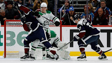 Jan 18, 2025; Denver, Colorado, USA; Colorado Avalanche left wing Artturi Lehkonen (62) and Dallas Stars defenseman Nils Lundkvist (5) battle for position ahead of Dallas Stars goaltender Casey DeSmith (1) as center Casey Mittelstadt (37) defends in the first period at Ball Arena. Mandatory Credit: Isaiah J. Downing-Imagn Images