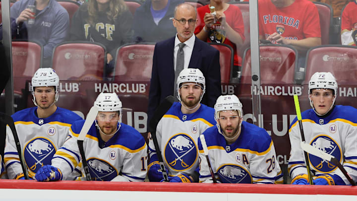 Apr 13, 2024; Sunrise, Florida, USA; Buffalo Sabres head coach Don Granato looks on against the Florida Panthers during the third period at Amerant Bank Arena. Mandatory Credit: Sam Navarro-Imagn Images