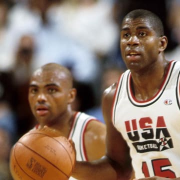 Jun 28, 1992; Portland, OR, USA: FILE PHOTO; USA dream team guard Magic Johnson (15) brings the ball up court during the 1992 Tournament of the Americas at Memorial Coliseum. Mandatory Credit: USA TODAY Sports