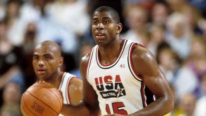 Jun 28, 1992; Portland, OR, USA: FILE PHOTO; USA dream team guard Magic Johnson (15) brings the ball up court during the 1992 Tournament of the Americas at Memorial Coliseum. Mandatory Credit: USA TODAY Sports