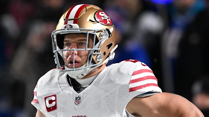 Dec 1, 2024; Orchard Park, New York, USA; San Francisco 49ers running back Christian McCaffrey (23) warms up before a game against the Buffalo Bills at Highmark Stadium. Mandatory Credit: Mark Konezny-Imagn Images