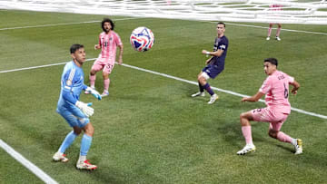 From left, Oscar Ustari, Maxi Falcon, Paris Saint-Germain's Fabian Ruiz and Tomas Aviles watch the ball sail toward Inter Miami's goal during PSG's 4-0 Club World Cup win Sunday in Atlanta. 