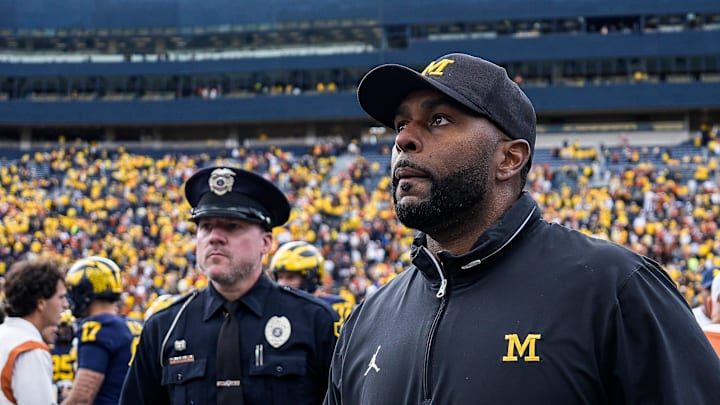 Michigan head coach Sherrone Moore walks off the field after the 31-12 loss to Texas at Michigan Stadium in Ann Arbor on Saturday, Sept. 7, 2024.