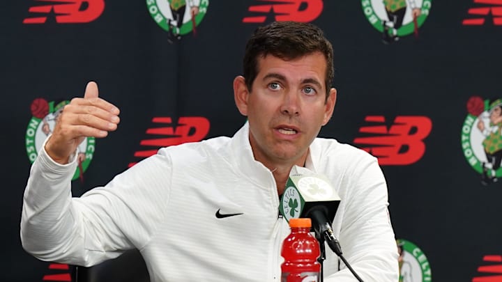 Sep 24, 2024; Boston, MA, USA;  Boston Celtics general manager Brad Stevens talks to reporters during media day at Auerbach Center. Mandatory Credit: David Butler II-Imagn Images