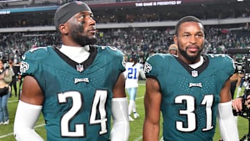 Former Philadelphia Eagles cornerback James Bradberry (24) and safety Kevin Byard (31) against the Dallas Cowboys at Lincoln Financial Field. 