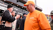 Nov 30, 2024; Nashville, Tennessee, USA;  Tennessee Volunteers head coach Josh Heupel heads to the locker room after the win against the Vanderbilt Commodores  at FirstBank Stadium. Mandatory Credit: Steve Roberts-Imagn Images