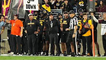 Sep 26, 2025; Tempe, Arizona, USA; Arizona State Sun Devils head coach Kenny Dillingham looks on from the sideline against TCU Horned Frogs in the first half at Mountain America Stadium, Home of the ASU Sun Devils. Mandatory Credit: Jacob Reiner-Imagn Images