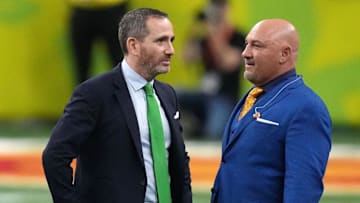 Feb 9, 2025; New Orleans, LA, USA; Philadelphia Eagles general manager Howie Roseman (left) and Fox NFL Sunday reporter Jay Glazer (right) talk before Super Bowl LIX at Caesars Superdome. Mandatory Credit: Kirby Lee-Imagn Images
