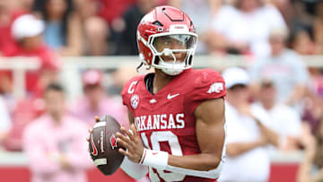 Aug 30, 2025; Fayetteville, Arkansas, USA; Arkansas Razorbacks quarterback Taylen Green (10) drops back to pass in the second quarter against the Alabama A&M Bulldogs at Donald W. Reynolds Razorback Stadium. Mandatory Credit: Nelson Chenault-Imagn Images