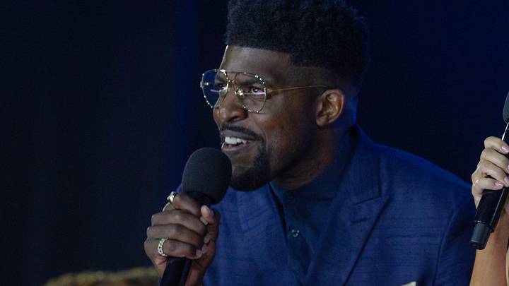 Presenters Olivia Jordan and Emmanuel Acho during the Miss USA 2025 event held in the Grand Theatre at the Grand Sierra Resort on Friday night, October 24, 2025 in Reno.