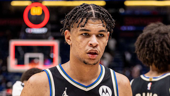 Milwaukee Bucks forward Ousmane Dieng (21) walks off the court after a win against the New Orleans Pelicans at Smoothie King Center on February 20, 2026.