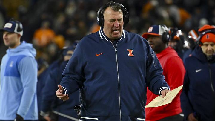 Dec 30, 2025; Nashville, TN, USA; Illinois Fighting Illini head coach Bret Bielema yells against the Tennessee Volunteers during the second half at Nissan Stadium. Mandatory Credit: Steve Roberts-Imagn Images