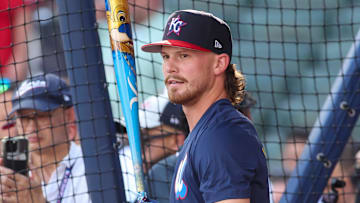 Jul 14, 2025; Atlanta, GA, USA; American League shortstop Bobby Witt Jr. (7) of the Kansas City Royals during workouts before the 2025 MLB All Star Game at Truist Park. Mandatory Credit: Brett Davis-Imagn Images