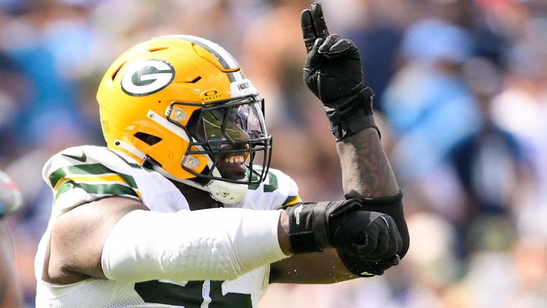 Green Bay Packers defensive tackle Devonte Wyatt (95) celebrates his sack of Tennessee Titans quarterback Will Levis (8) during the second half at Nissan Stadium.