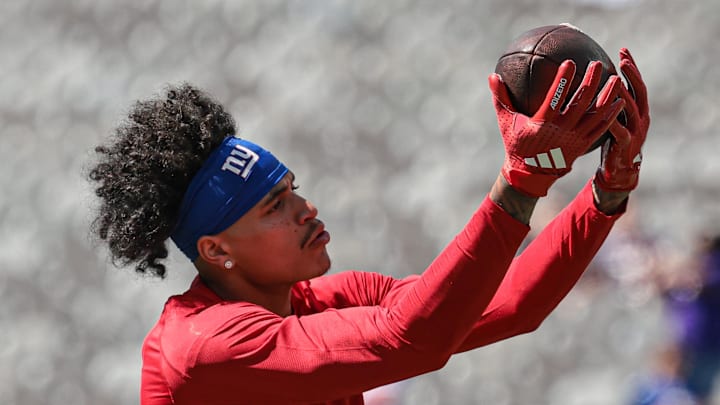 Sep 8, 2024; East Rutherford, New Jersey, USA; New York Giants wide receiver Jalin Hyatt (13) warms up before the game against the Minnesota Vikings at MetLife Stadium. Sep 8, 2024; East Rutherford, New Jersey, USA; New York Giants wide receiver Jalin Hyatt (13) warms up before the game against the Minnesota Vikings at MetLife Stadium.