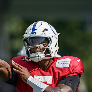 Indianapolis Colts quarterback Anthony Richardson Sr. (5) throws the ball Sunday, Aug. 10, 2025, during Indianapolis Colts Training Camp at Grand Park in Westfield.