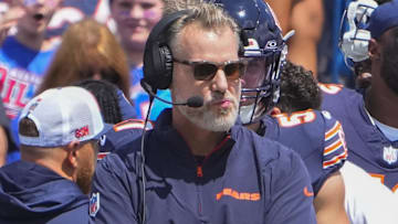 Aug 10, 2024; Orchard Park, New York, USA; Chicago Bears head coach Matt Eberflus looks on from the sidelines during the first half against the Buffalo Bills at Highmark Stadium. Mandatory Credit: Gregory Fisher-Imagn Images