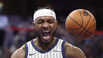 Orlando Magic center Wendell Carter Jr. reacts after a play against the Miami Heat.