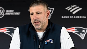 Mar 13, 2025; Foxborough, MA, USA; New England Patriots head coach Mike Vrabel discusses the teamís recent free agent additions with the media at Gillette Stadium. Mandatory Credit: Eric Canha-Imagn Images