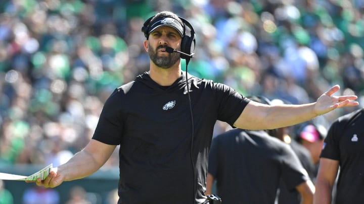 Oct 1, 2023; Philadelphia, Pennsylvania, USA; Philadelphia Eagles head coach Nick Sirianni questions a call against the Washington Commanders during the second quarter at Lincoln Financial Field. Mandatory Credit: Eric Hartline-USA TODAY Sports