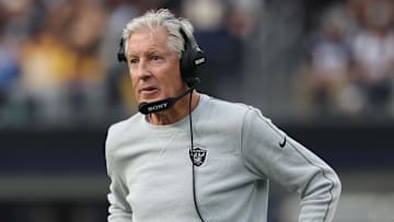 Nov 30, 2025; Inglewood, California, USA; Las Vegas Raiders head coach Pete Carroll during the first half at SoFi Stadium. Mandatory Credit: Kiyoshi Mio-Imagn Images