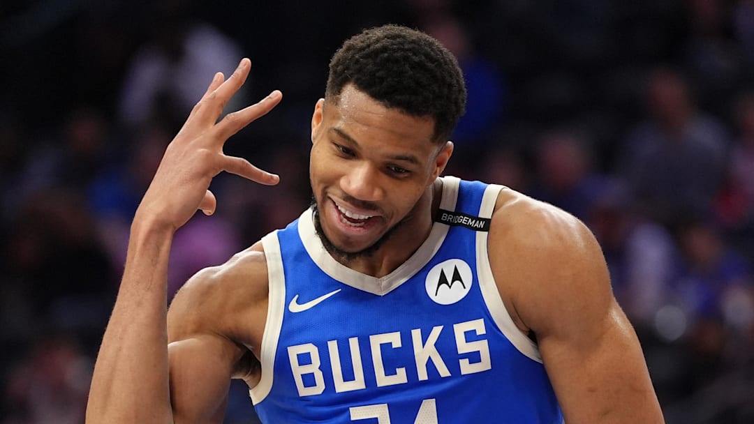 Apr 3, 2025; Philadelphia, Pennsylvania, USA; Milwaukee Bucks forward Giannis Antetokounmpo (34) reacts against the Philadelphia 76ers in the fourth quarter at Wells Fargo Center. Mandatory Credit: Kyle Ross-Imagn Images