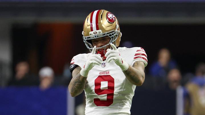 Indianapolis, Indiana, USA; San Francisco 49ers wide receiver Skyy Moore (9) celebrates after a play against the Indianapolis Colts in the second quarter of the game at Lucas Oil Stadium. Mandatory Credit: Trevor Ruszkowski-Imagn Images