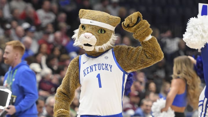 Mar 10, 2023; Nashville, TN, USA; Kentucky Wildcats mascot performs against the Vanderbilt Commodores during the first half at Bridgestone Arena. Mandatory Credit: Steve Roberts-USA TODAY Sports