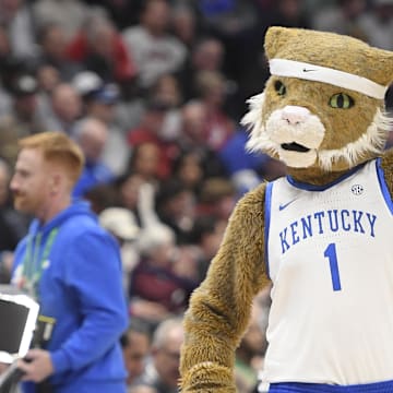 Mar 10, 2023; Nashville, TN, USA; Kentucky Wildcats mascot performs against the Vanderbilt Commodores during the first half at Bridgestone Arena. Mandatory Credit: Steve Roberts-Imagn Images