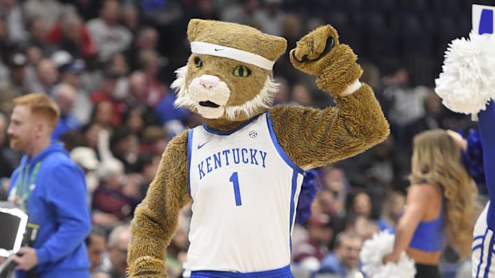 Mar 10, 2023; Nashville, TN, USA; Kentucky Wildcats mascot performs against the Vanderbilt Commodores during the first half at Bridgestone Arena. Mandatory Credit: Steve Roberts-Imagn Images