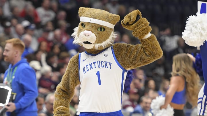 Mar 10, 2023; Nashville, TN, USA; Kentucky Wildcats mascot performs against the Vanderbilt Commodores during the first half at Bridgestone Arena. Mandatory Credit: Steve Roberts-USA TODAY Sports